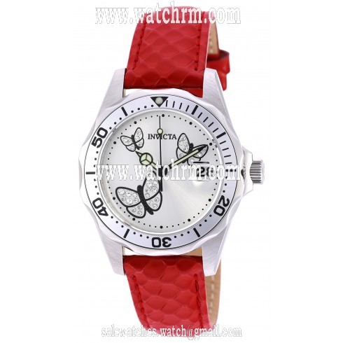 Invicta Pro Diver White Dial Red Leather Ladies Watch 19739