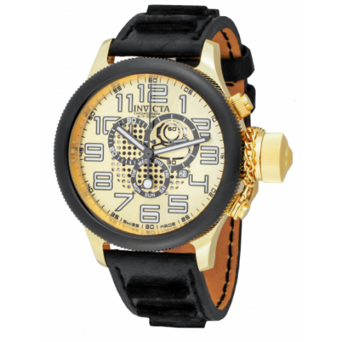 Invicta Russian Diver Chronograph Gold Dial Black Leather Men's Watch 14616