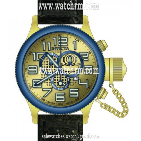 Invicta Russian Diver Chronograph Gold-Dial Black Leather Men's Watch 14615