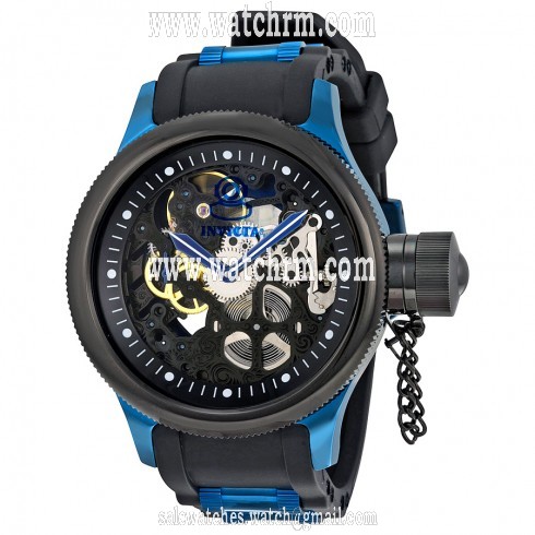 Invicta Russian Diver Mechanical Black Skeleton Dial Black Polyurethane Blue Ion-plated Men's Watch 17271