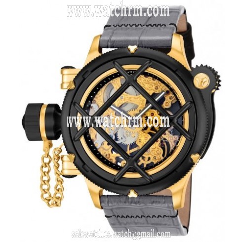 Invicta Russian Diver Mechanical Skeleton Dial Grey Leather Men's Watch 14625