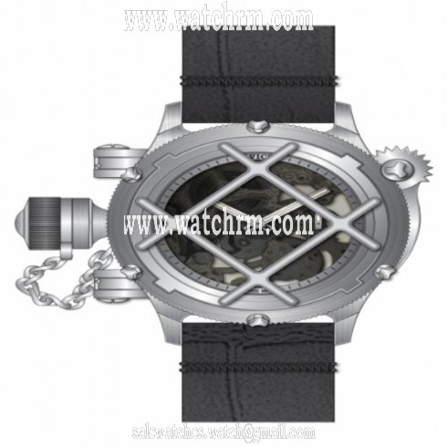 Invicta Russian Diver Skeleton Dial Black Leather Men's Watch 14630