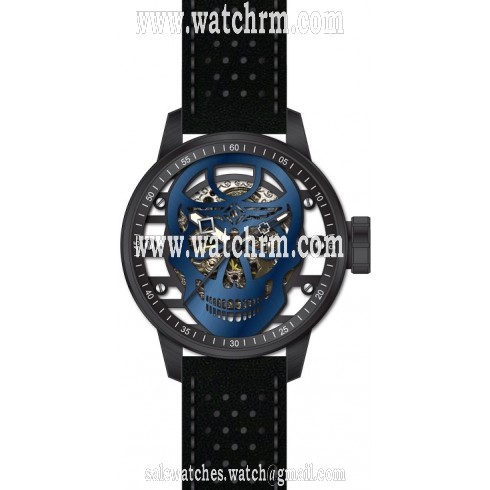 Invicta S1 Rally Mechanical Transparent Blue Skull Dial Black Leather Men's Watch 20197