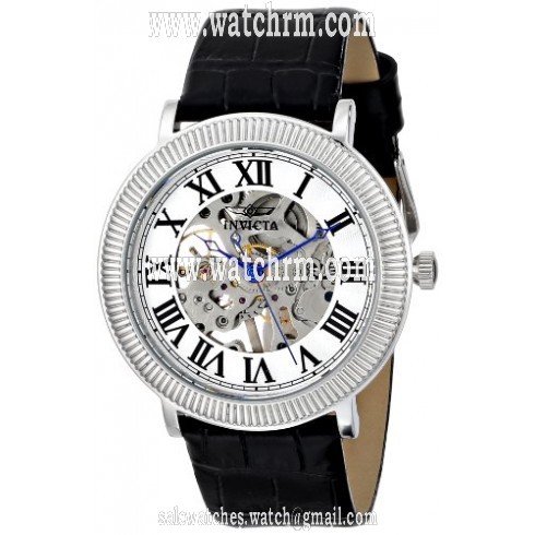 Invicta Specialty Mechanical Silver Skeletal Dial Black Leather Men's Watch 17243