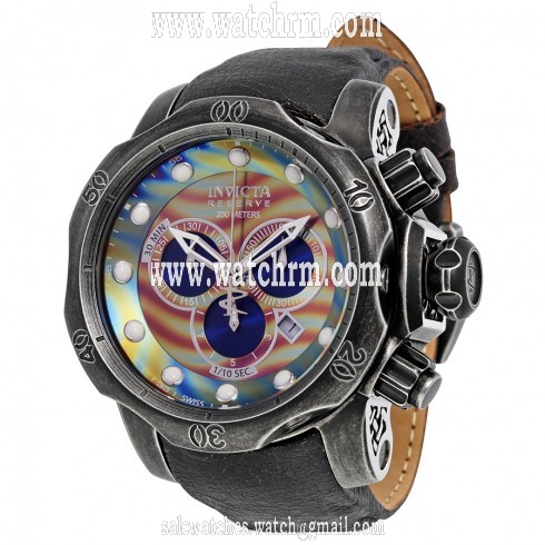 Invicta Venom  Chronograph Brown and Blue Rainbow Dial Distressed Black Leather Men's Watch 15956