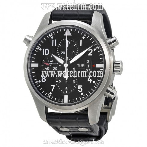 IWC Double Chronograph Pilot  Black Dial Black Leather Mens Watch IW377801
