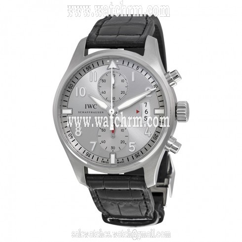 IWC Pilot Spitfire Silver Dial Chronograph Black Alligator Leather Men's Watch IW387809