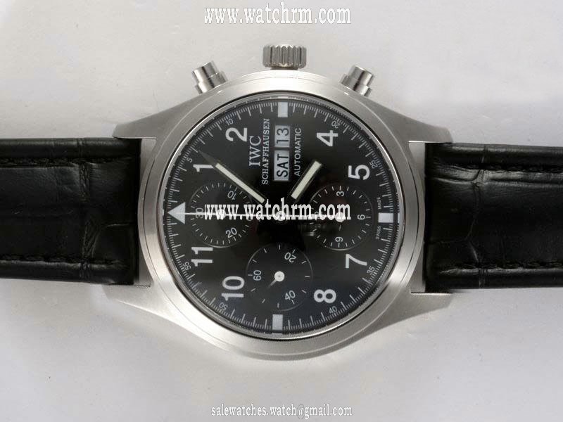 IWC Pilots Classic Chronograph IW371701 Midsize Black Ostrich Leather Strap Watch