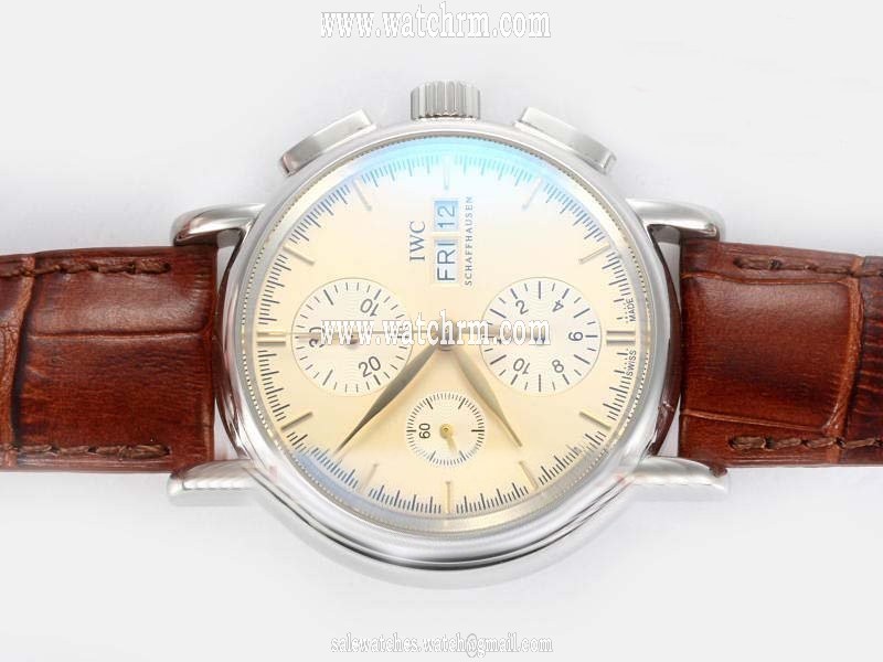 IWC Portofino Chronograph IW378302 White Dial Brown Ostrich Leather Strap Watch