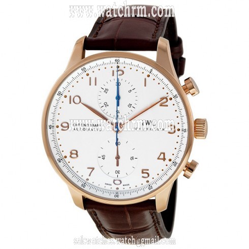 IWC Portuguese Silver Dial Chronograph Rose Gold Leather Automatic Men's Watch IW371480
