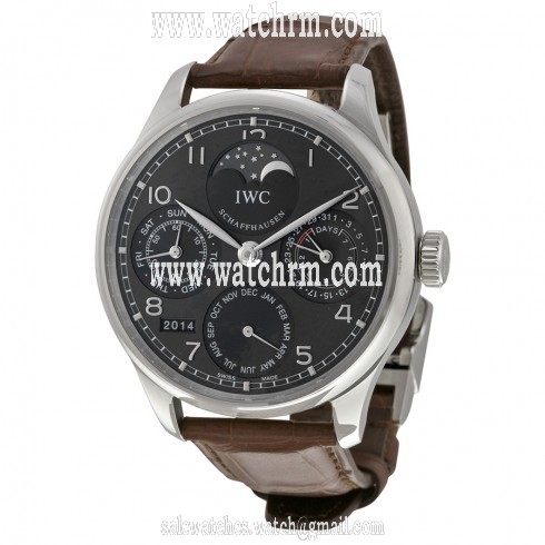IWC Portuguese Automatic Grey Dial 18kt White Gold Brown Leather Men's Watch IW502307