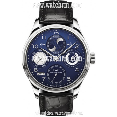 IWC Portuguese Perpetual Calendar Blue Dial 18kt White Gold Black Leather Men's Watch IW503203