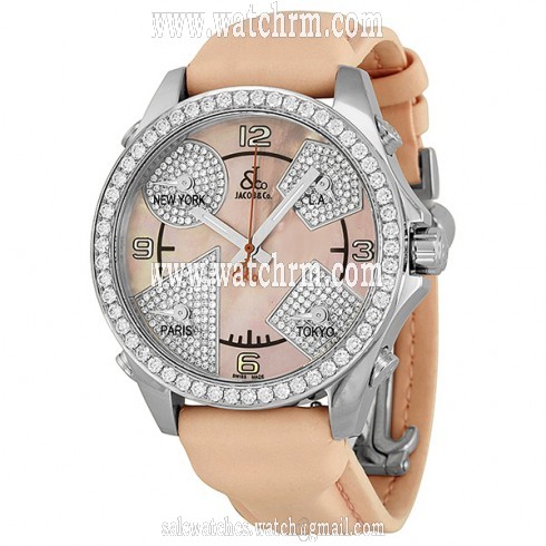 Jacob and Company Five Time Zones Diamond Pink Mother of Pearl Dial Unisex Watch JCM79P