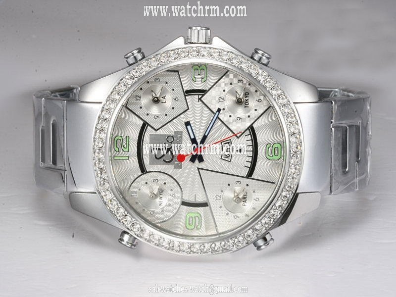 Jacob Co Five Time Zone JC - 12C Stainless Steel Bezel White Dial Quartz Watch