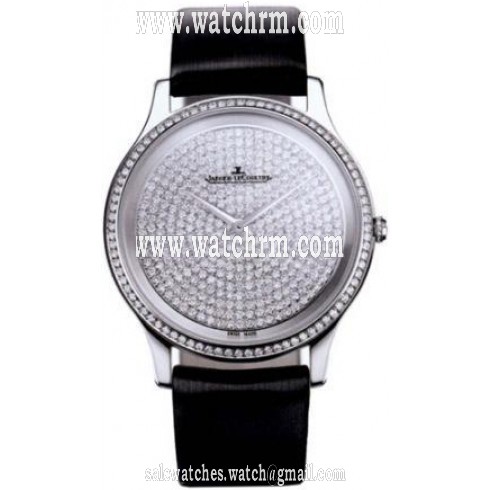 Jaeger LeCoulte Master Ultra Thin Diamond Pave Dial 18kt White Gold Black Satin Men's Watch Q1453406
