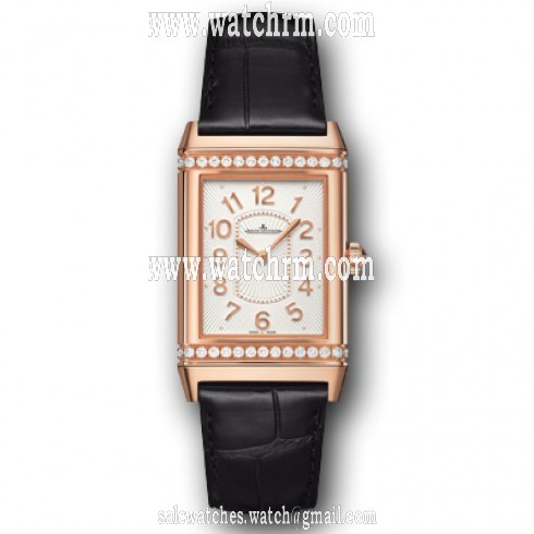 Jaeger LeCoultre Grande Reverso Silver Dial 18kt Rose Gold Black Leather Ladies Watch Q3202421