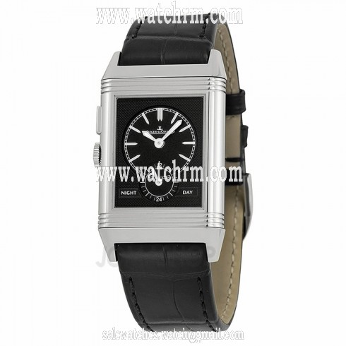 Jaeger LeCoultre Grande Reverso Silver Dial Stainless Steel Black Leather Men's