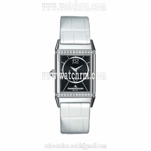 Jaeger LeCoultre Reverso Duetto Black Dial White Leather Ladies Watch Q2568402