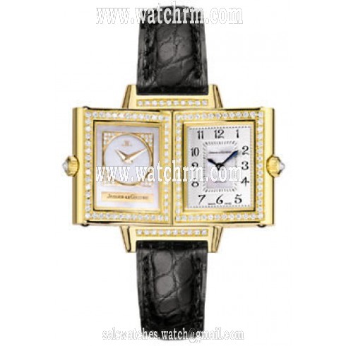 Jaeger LeCoultre Reverso Duetto Mother of Pearl Dial 18kt Yellow Gold Diamond Black Leather Ladies Watch Q2661401