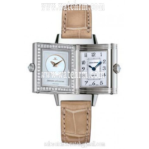 Jaeger LeCoultre Reverso Duetto Silver Dial 18kt White Gold Beige Alligator Ladies Watch Q2663403