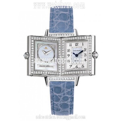 Jaeger LeCoultre Reverso Duetto Silver Dial 18kt White Gold Diamond Blue Crocodile Ladies Watch Q2663401