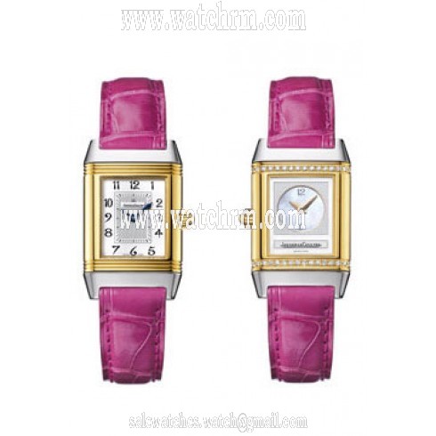 Jaeger LeCoultre Reverso Duetto Silver Dial 18kt Yellow Gold Pink Alligator Men's Watch Q2665410