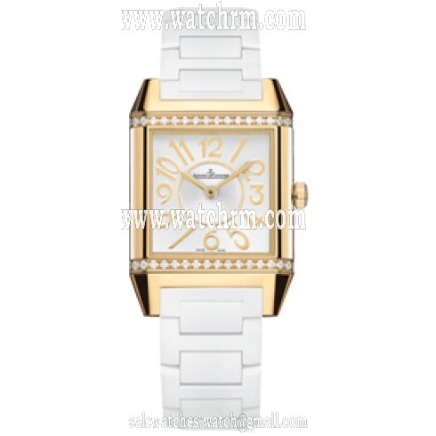 Jaeger LeCoultre Reverso Squadra Silver Dial 18kt Yellow Gold Diamond Rubber Ladies Watch Q7031720