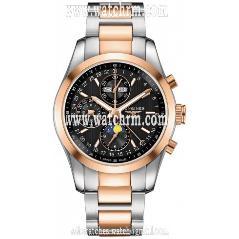 Longines Conquest Classic Black Dial Chronograph Stainless Steel and 18K Rose Gold Men's Watch L27985527