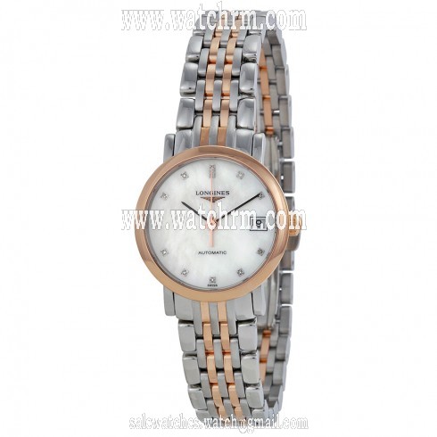 Longines Elegance Mother of Pearl Stainless Steel and Rose Gold Ladies Watch L4.309.5.87.7