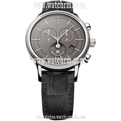 Maurice Lacroix Les Classiques Chronograph Phase de Lune Grey Dial Black Leather Strap Men's Quartz Watch LC1148-SS001-830