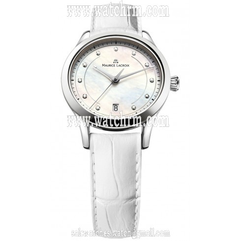 Maurice Lacroix Les Classiques Date Midsize Mother Of Pearl Dial White Leather Band Ladies Quartz Watch LC1026-SS001-170
