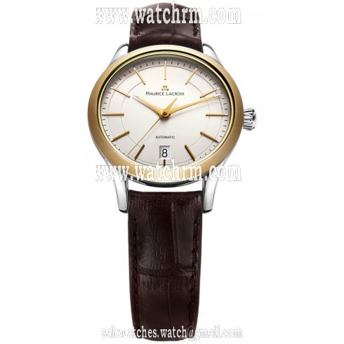 Maurice Lacroix Les Classiques Date Midsize Silver Dial Brown Leather Yellow Gold Stainless Steel Ladies Automatic Watch LC6016-YS101-130