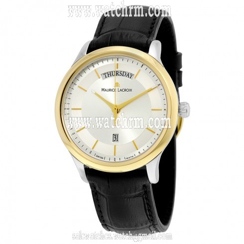 Maurice Lacroix Les Classiques Silver Dial Black Leather Strap Gold Plated Stainless Steel Men's Quartz Watch LC1227-PVY11-130