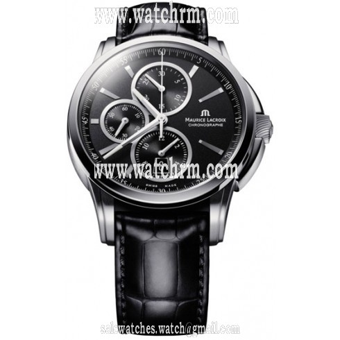 Maurice Lacroix Pontos Chronograph Black Dial Black Leather Automatic Men's Watch PT6188-SS001-330