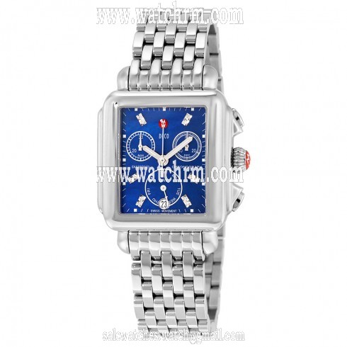 Michele Deco Chronograph Blue Mother of Pearl with .05 ct. Diamond Dial Stainless Steel Bracelet Ladies Watch MWW06P000172