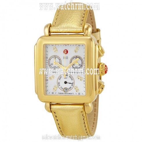 Michele Deco Gold Chronograph Mother of Pearl Dial Champagne Leather Ladies Watch MWW06P000176