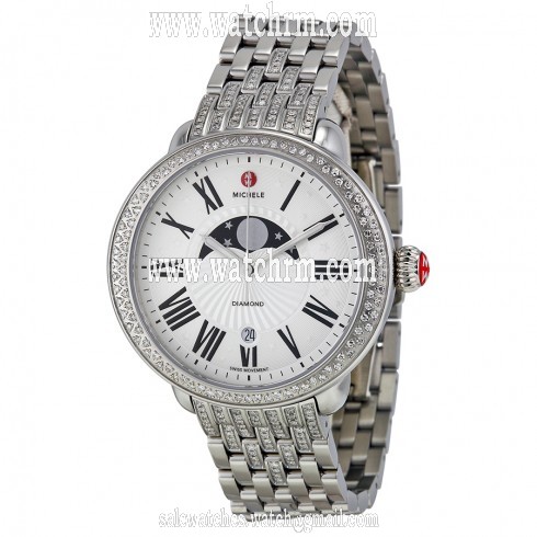 Michele Serein Matte Silver White Moon and Star Dial Diamond Stainless Steel Bracelet Ladies Watch MWW21D000001