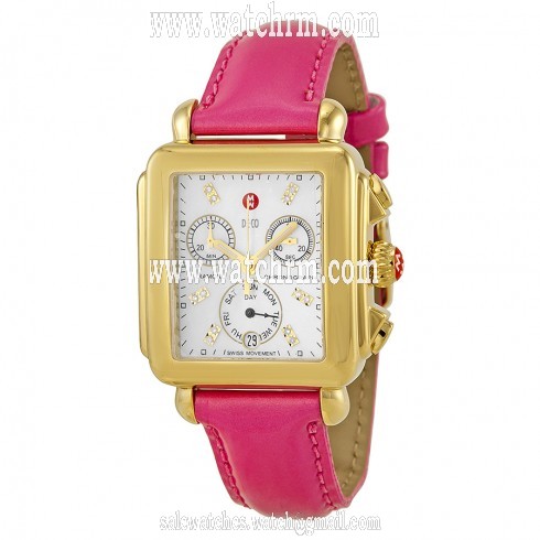 Michele Signature Deco Mother of Pearl Dial Gold-tone Pink Leather Ladies Watch MWW06P000133