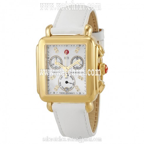 Michele Signature Deco White Mother of Pearl Dial Gold-tone White Leather Ladies Watch MWW06P000032