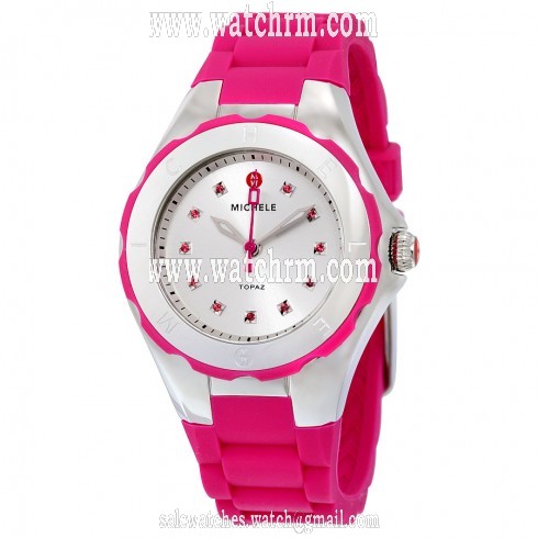 Michele Tahitian Jelly Bean Silver Dial Pink Silicone Ladies Watch MWW12P000002