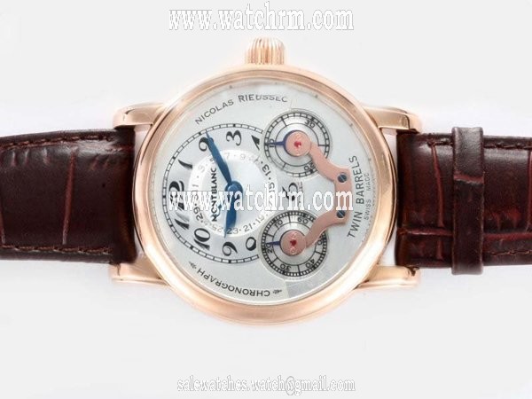 Montblanc Nicolas Rieussec Chronograph 102337 White Dial Round Coffee Crocodile Leather Strap Watch