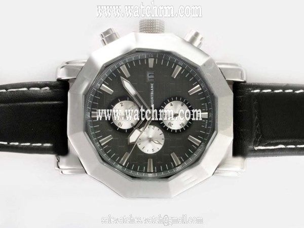 Montblanc Sport Chronograph 07147 Black Ostrich Leather Strap Mens Round Watch