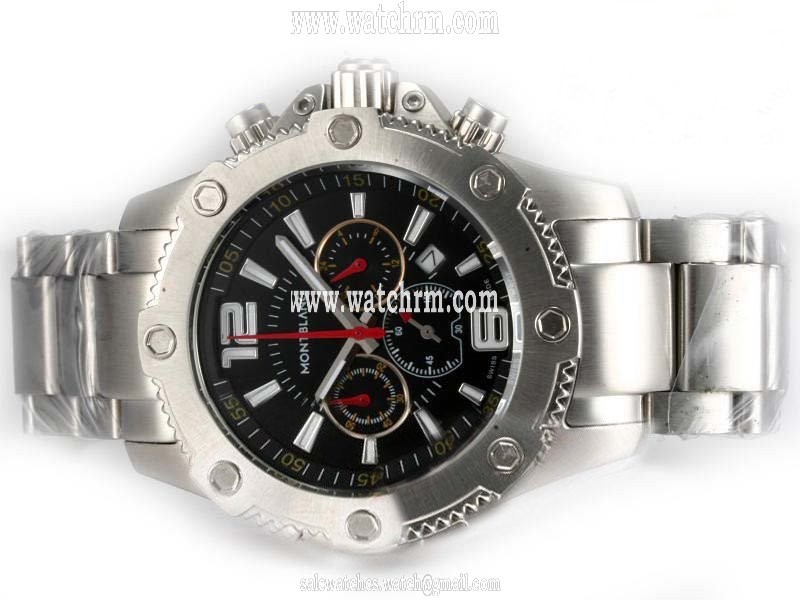 Montblanc Sport Chronograph 07255 White Stainless Steel Strap Black Dial 44mm Watch