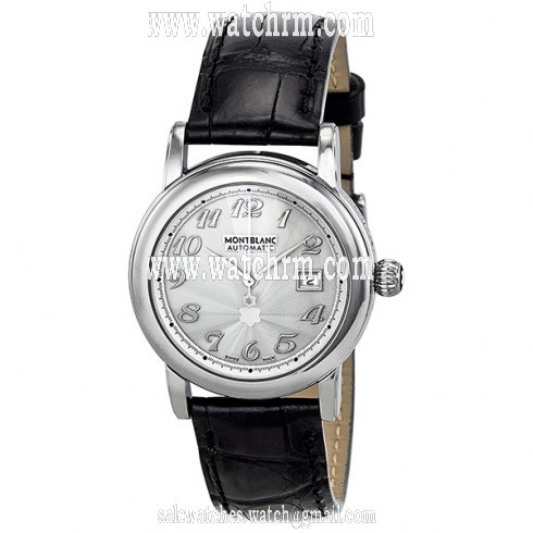 Montblanc Star Automatic Silver Guilloche Black Leather Ladies Watch 38026