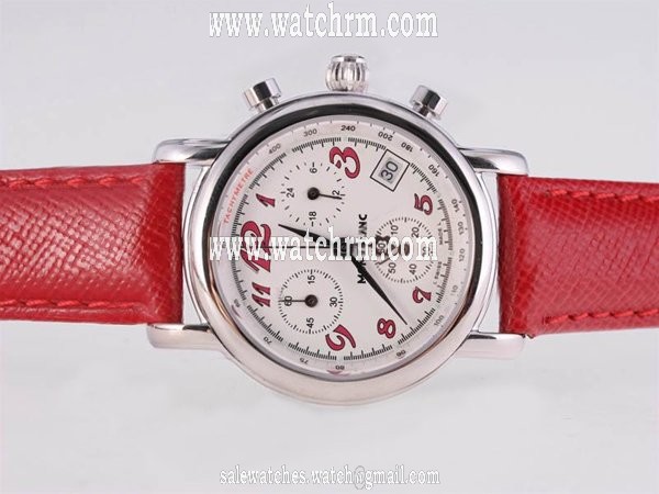 Montblanc Star Chronograph 07253 Midsize Red Cow Leather Strap Stainless Steel Bezel Watch