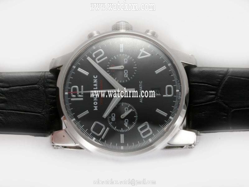 Montblanc Timewalker 9668 Round Mens Black Cow Leather Strap Watch