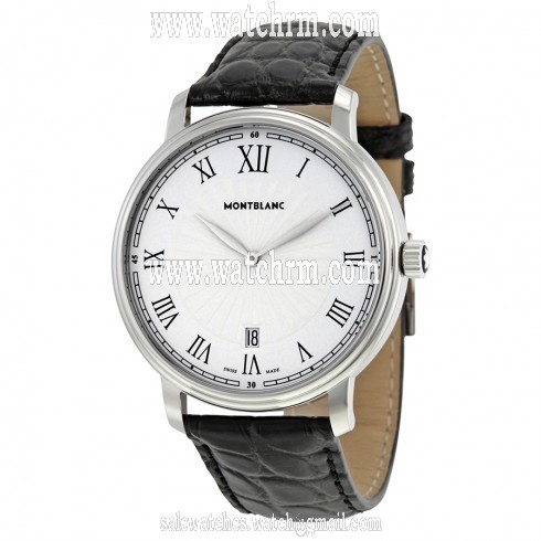 Montblanc Tradition Date White Guilloche Dial Black Leather Men's Watch 112633