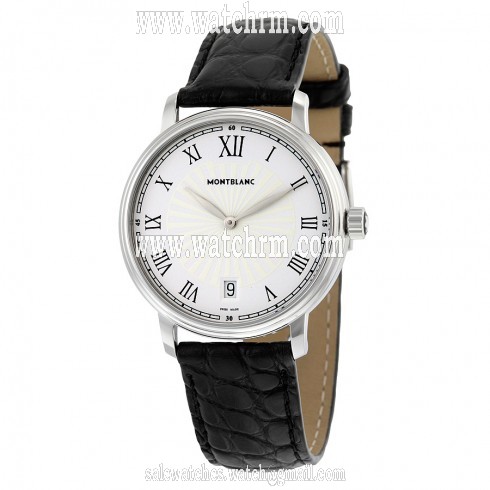 Montblanc Tradition Date White Guilloche Dial Black Leather Men's Watch 112635