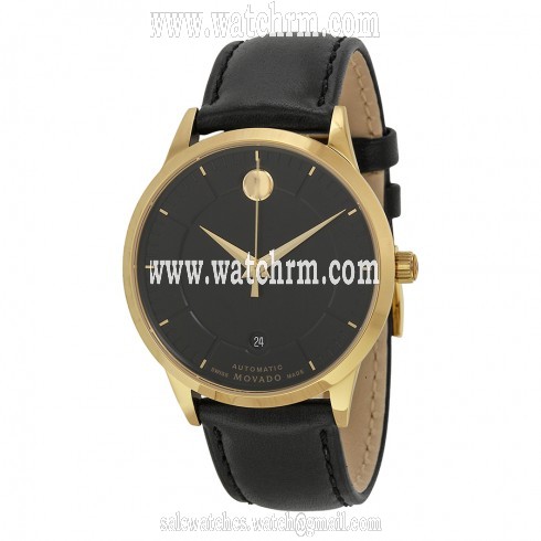 Movado 1881 Black Dial Black Leather Band Yellow Gold PVD Stainless Steel Case Automatic Men's Watch 0606875