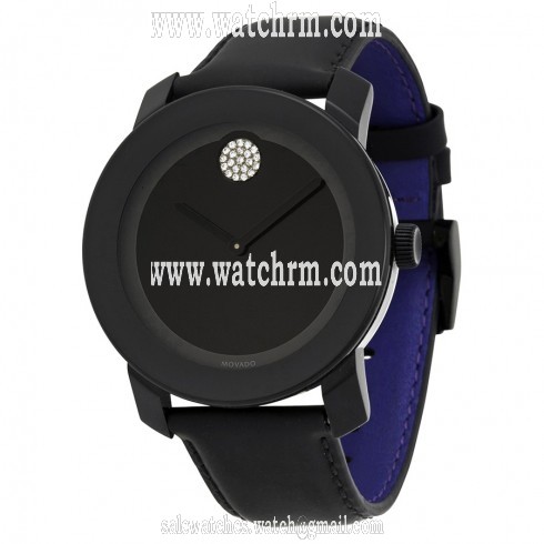 Movado Bold 42 mm Black Dial With Swarovski Crystal Marker Black Leather Strap Unisex Watch 3600044